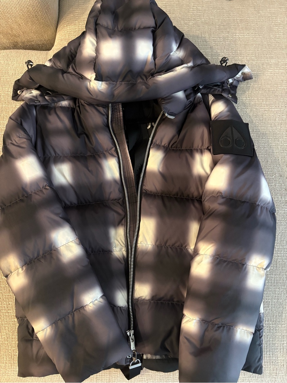Moose Knuckles Mens Black and Gray Ombre Quilted Puffer Jacket with Hood